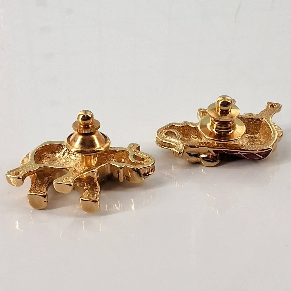 Vintage Avon Gold Tone Red Enamel Grid Elephant Brooch Pin Matching Set 2pc